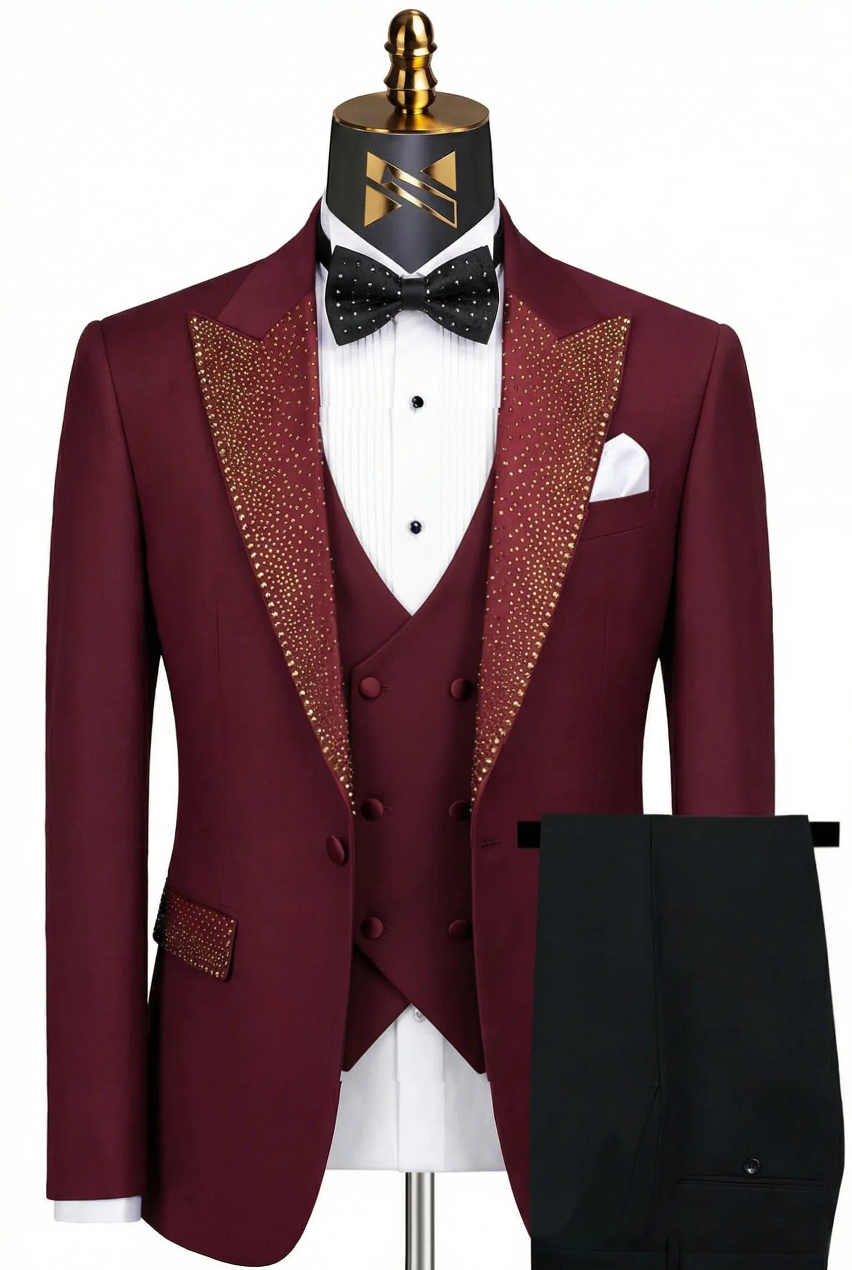 Burgundy Gold Crystal 3-Piece Tuxedo Suit Set - Peak Lapel Jacket Vest Trousers