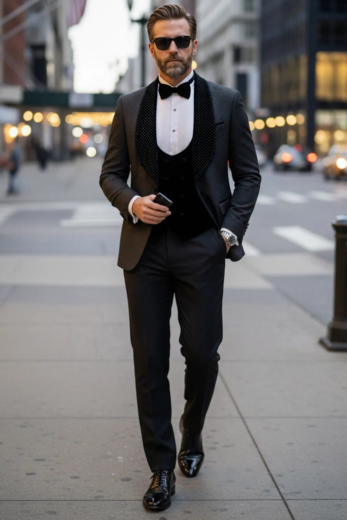Obsidian Masterpiece Black Jacquard Velvet 3-Piece Slim Fit Tuxedo Set Jacket Vest Trousers