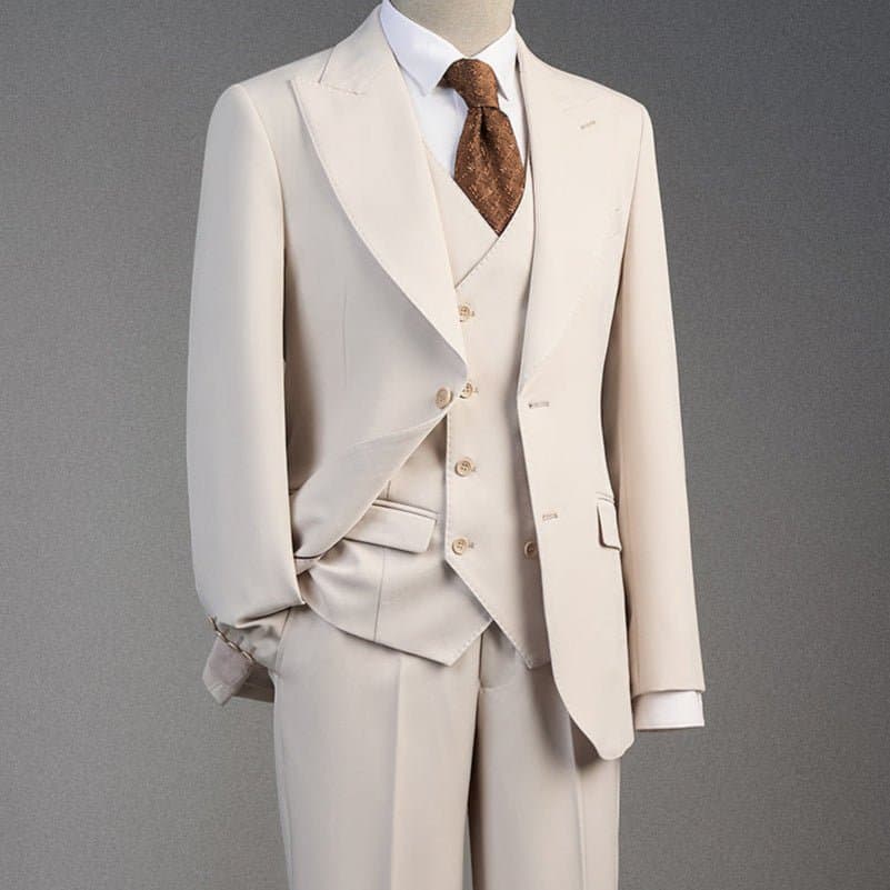 Ivory Beige Textured 3-Piece Slim Fit Suit Set with Peak Lapels