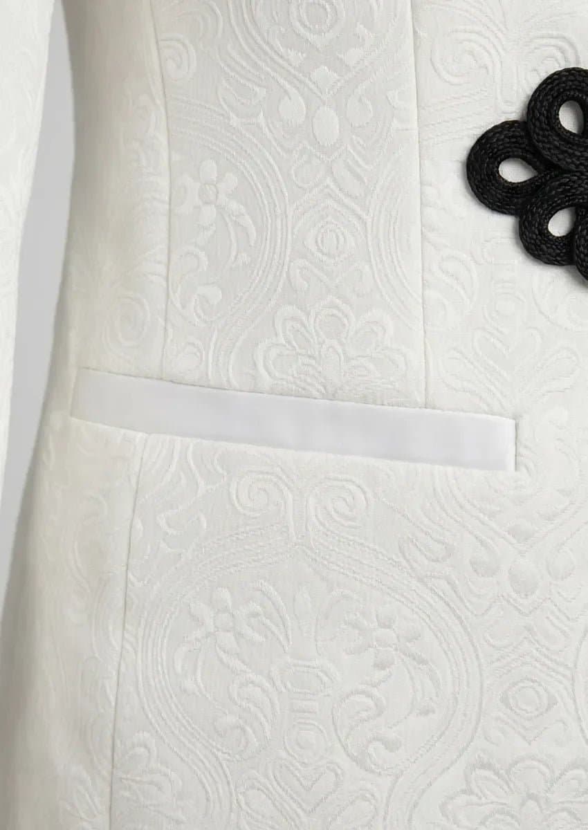 Aurora Opal White Floral Jacquard 3-Piece Tuxedo Jacket Vest Trousers Slim Fit