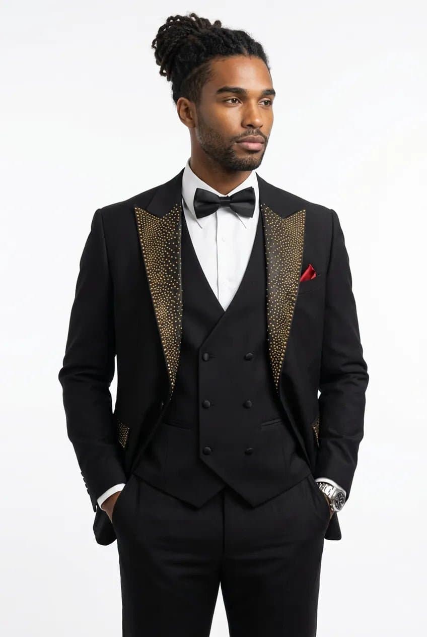 Midnight Mosaic Black & Gold Crystal Peak Lapel 3-Piece Slim Fit Tuxedo Set