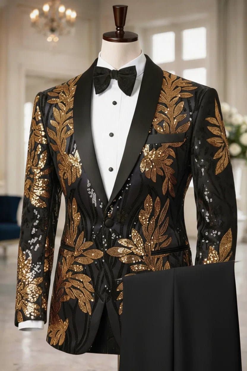 Gilded Aurelius Black Gold Sequin 2-Piece Tuxedo Set Jacket Trousers