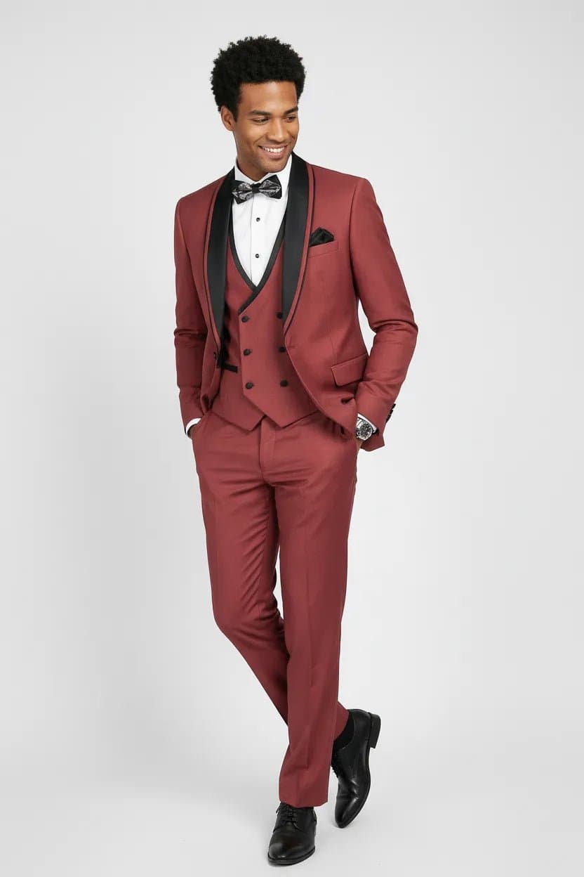 Rosewood Mirage Dusty Rose Satin Shawl Collar 3-Piece Tuxedo Suit - Slim Fit Jacket Vest Trousers