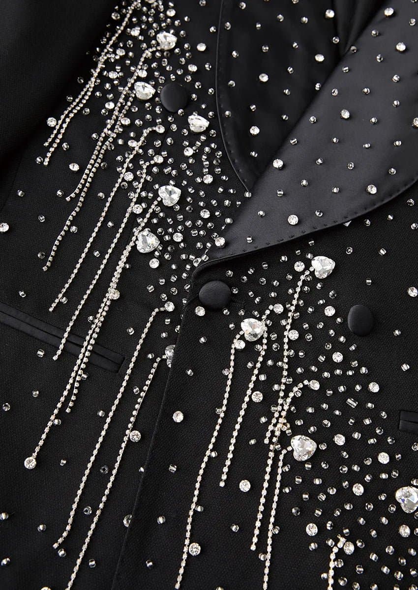 Obsidian Cascade Black Crystal Fringe 2-Piece Tuxedo Set Jacket Trousers Slim Fit