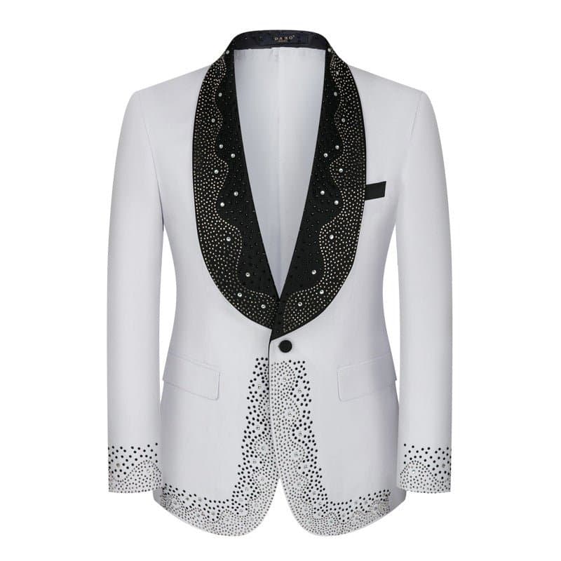White Black Crystal Shawl Collar 3-Piece Tuxedo Set with Rhinestones