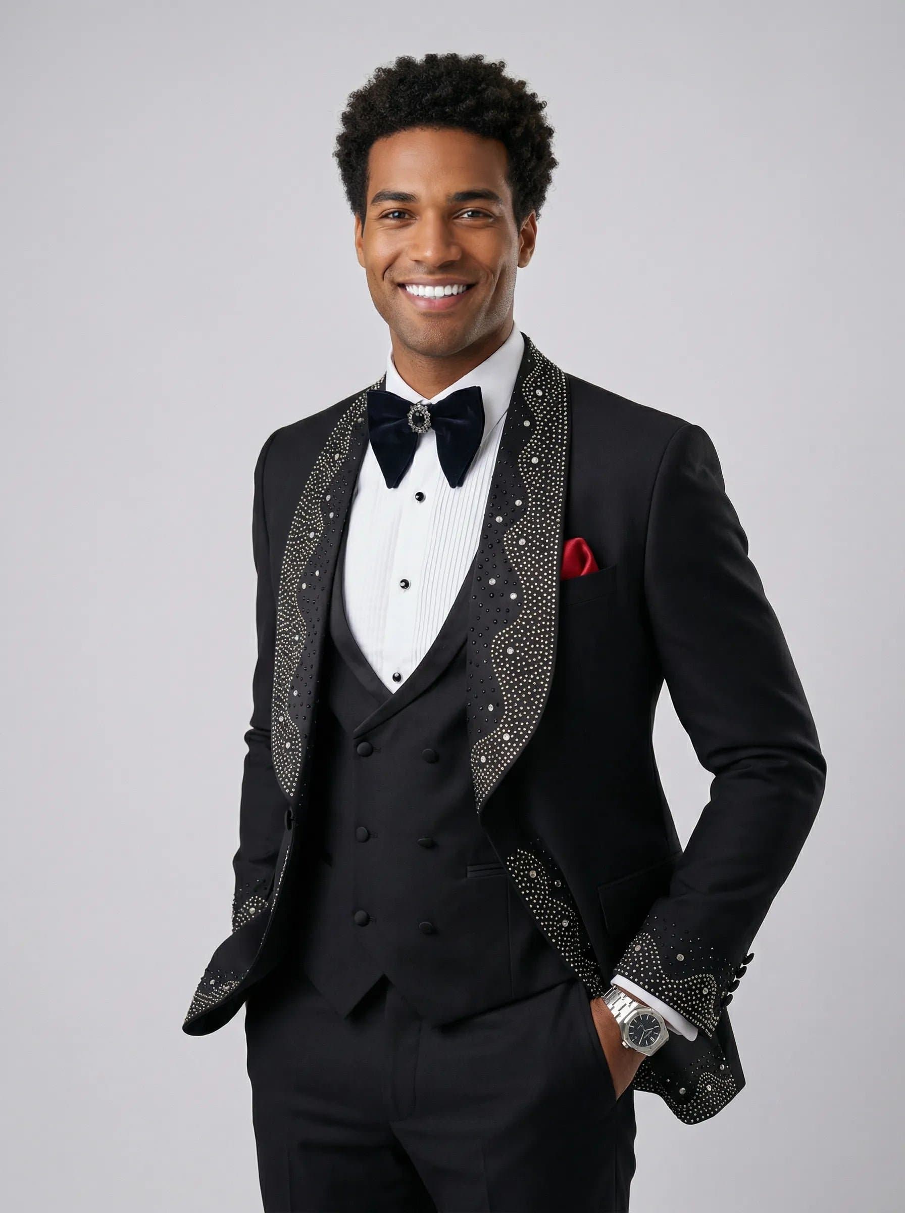 Obsidian Stardust Black Crystal Embellished 3-Piece Tuxedo Set Slim Fit