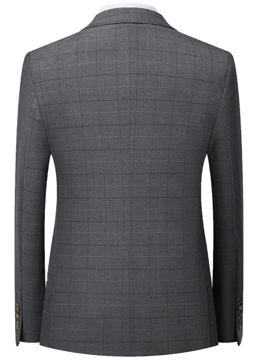 Men’s Gray Windowpane Plaid Slim Fit 3-Piece Suit Single-Breasted Notched Lapel