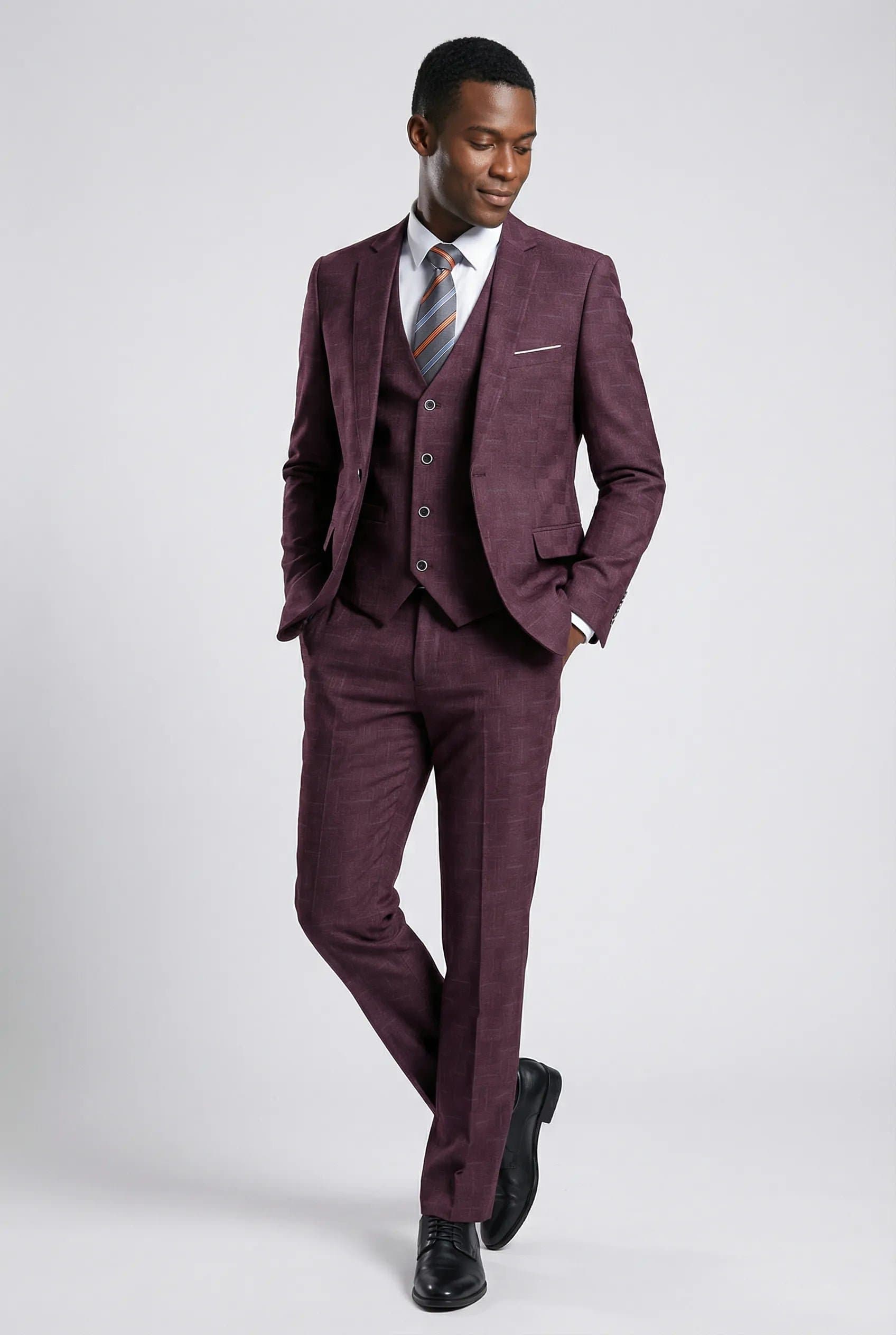 Garnet Mosaic Burgundy Textured 3-Piece Suit Set - Slim Fit Jacquard Jacket Vest Trousers