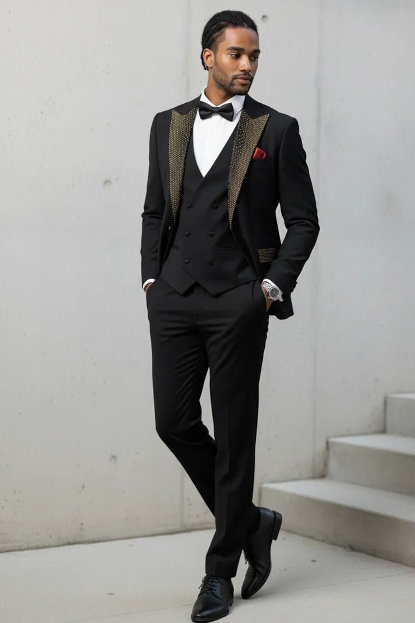 Midnight Mosaic Black & Gold Crystal Peak Lapel 3-Piece Slim Fit Tuxedo Set