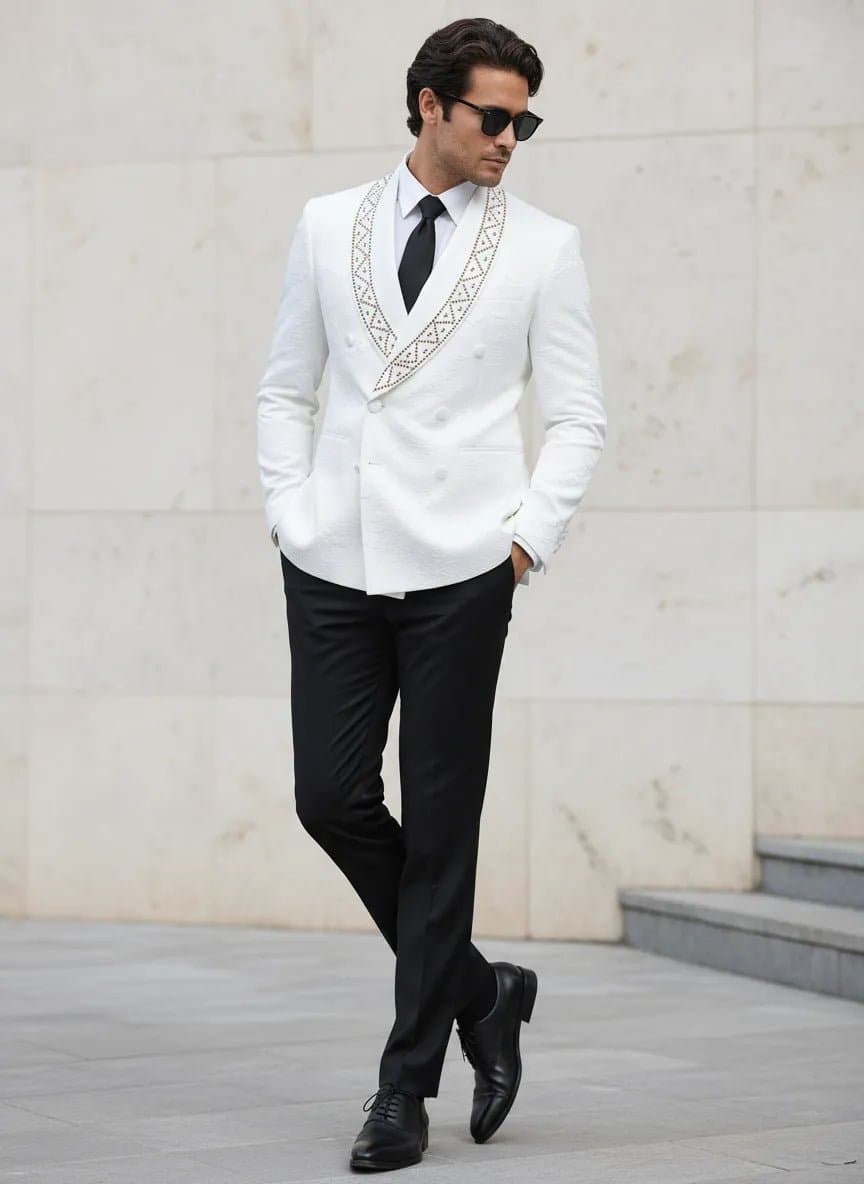 White Jacquard Crystal Shawl Collar Double-Breasted Tuxedo Set 2-Piece with Black Trousers