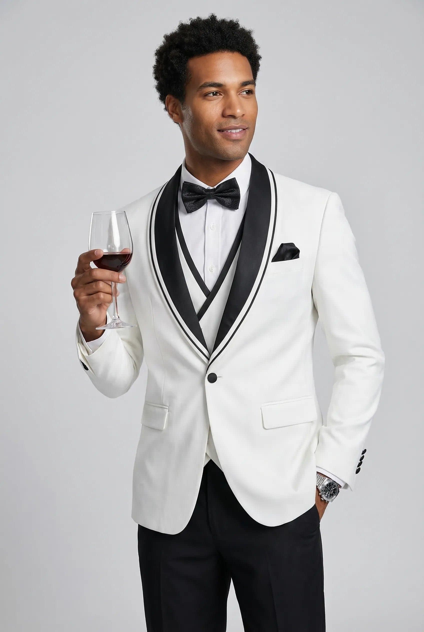 Alabaster Horizon White Black Satin Shawl Collar 3-Piece Slim Fit Tuxedo Set