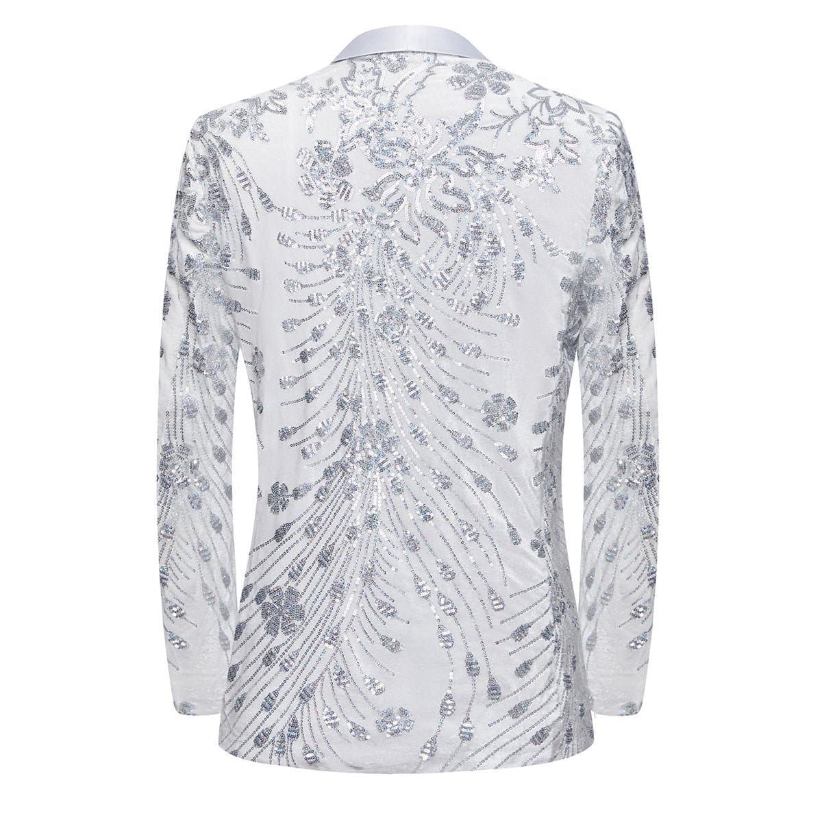White Velvet Silver Sequin Dinner Jacket - Moonlight Phoenix Slim Fit Men's Blazer