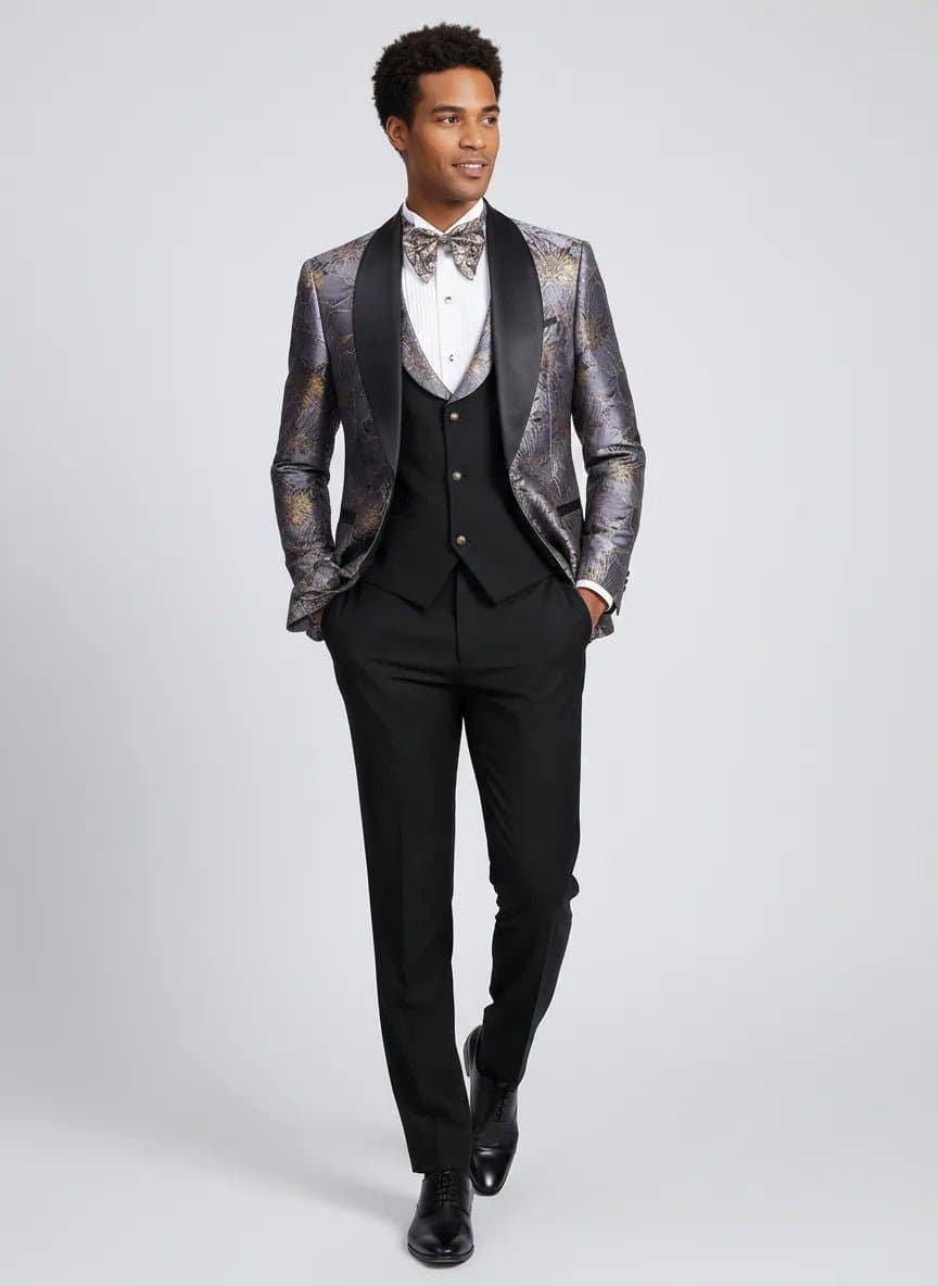 Chrome Galaxy Floral Jacquard Shawl Collar Tuxedo 3-Piece Suit 34R-54R