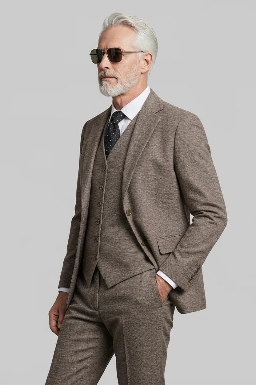 Coffee Brown Textured Tweed 3-Piece Suit Set - Slim Fit Jacket Vest Trousers
