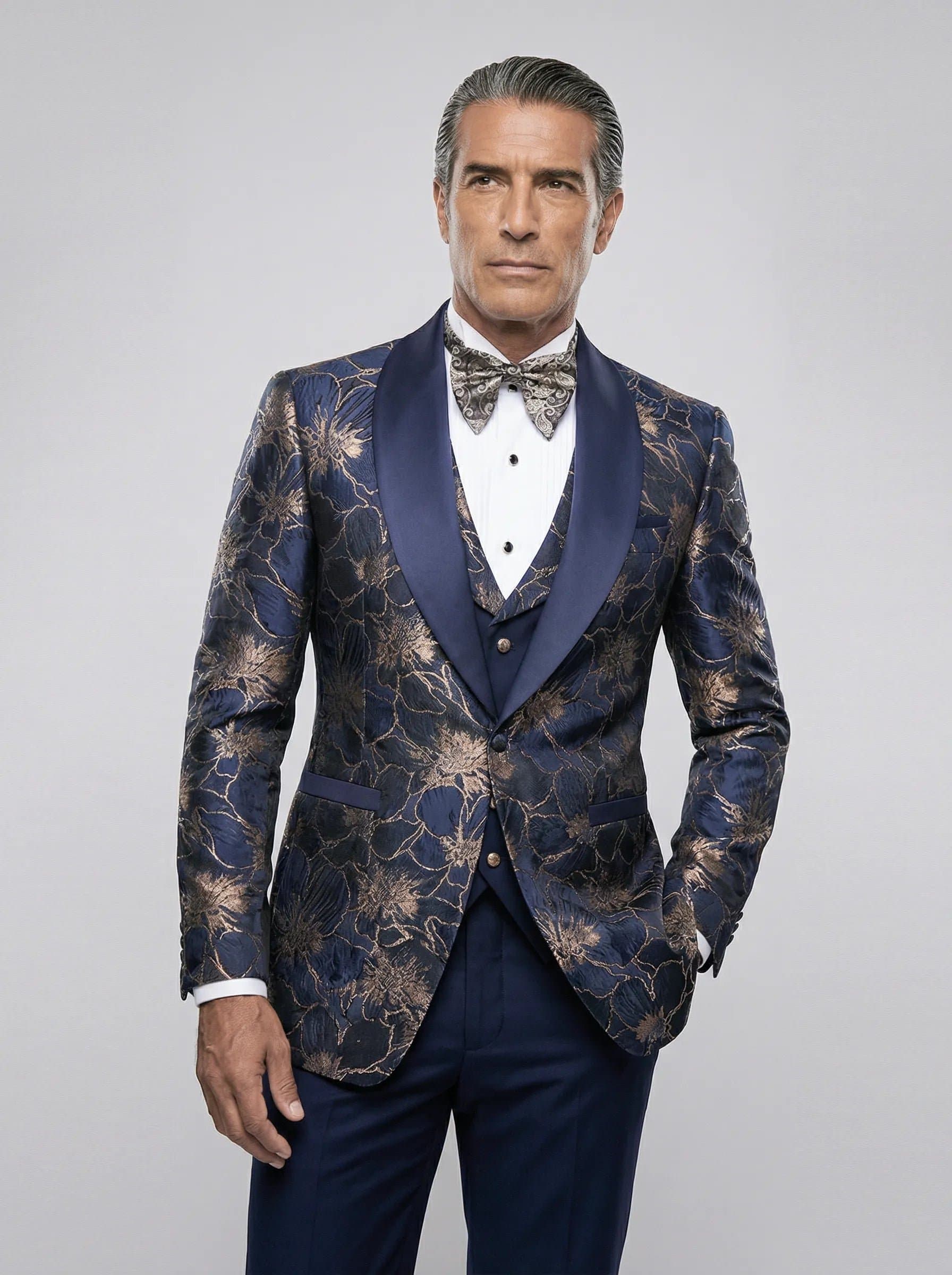 Navy Gold Floral Jacquard Shawl Collar Tuxedo 3-Piece Suit 34R-54R