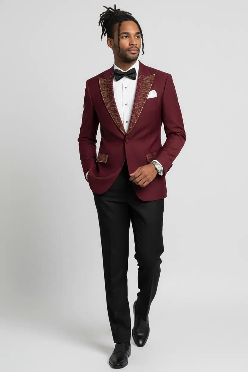 Burgundy Gold Crystal 3-Piece Tuxedo Suit Set - Peak Lapel Jacket Vest Trousers