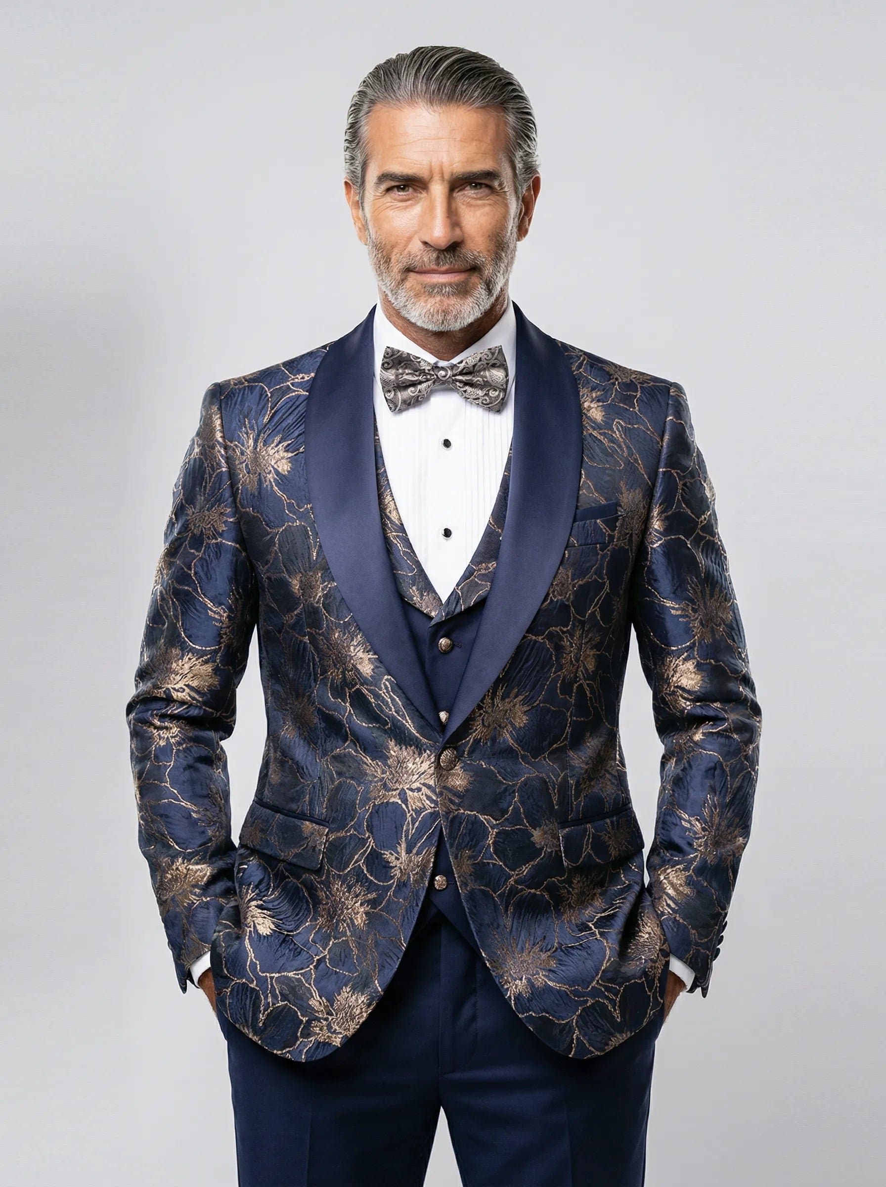 Navy Gold Floral Jacquard Shawl Collar Tuxedo 3-Piece Suit 34R-54R