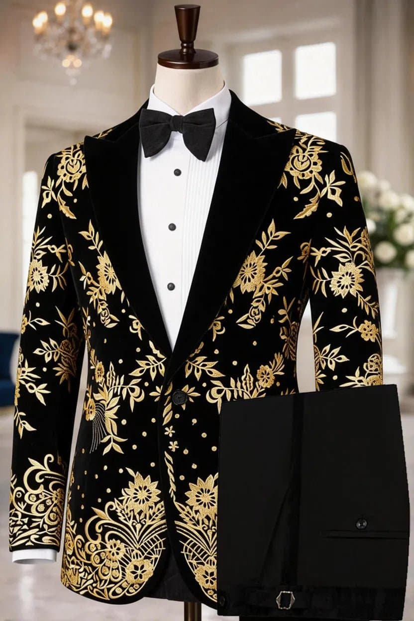 Black Velvet Gold Embroidered Tuxedo Set Jacket and Trousers Slim Fit