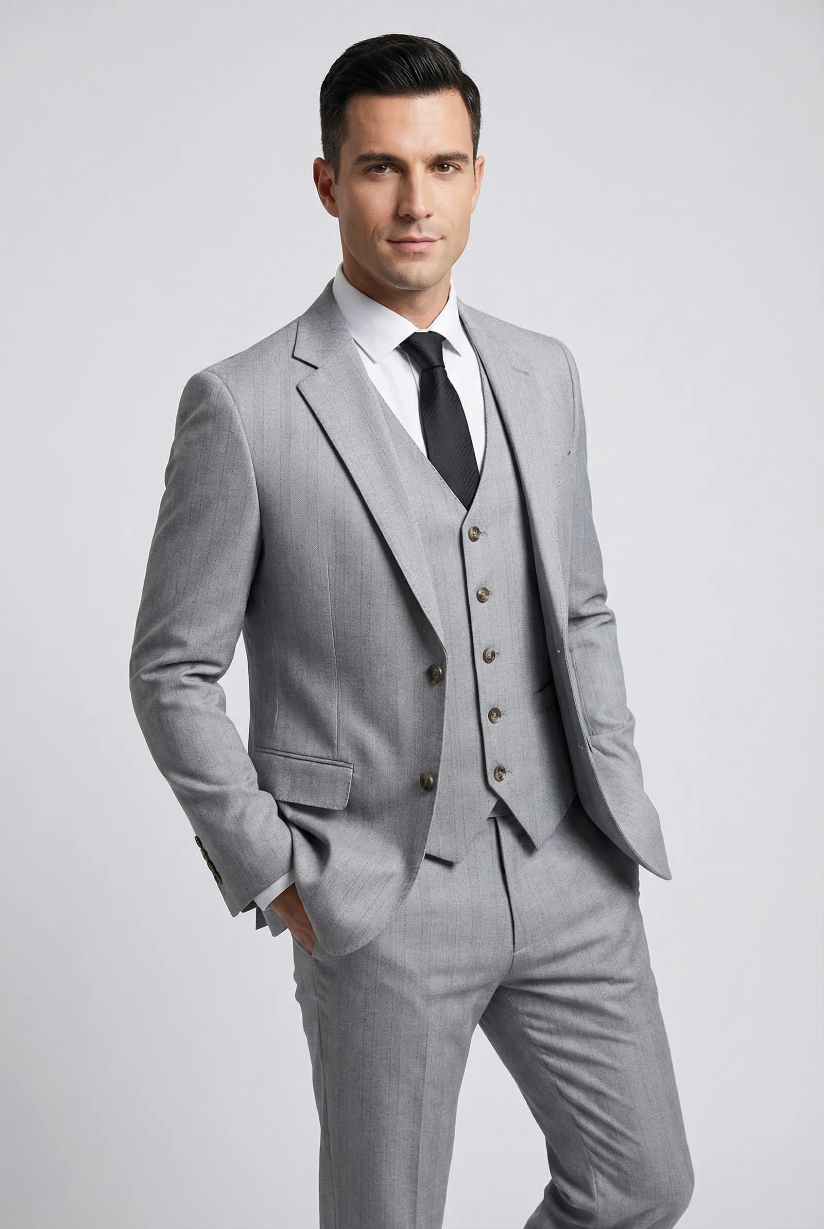 Sterling Pinstripe Light Grey Textured 3-Piece Slim Fit Suit Set - Jacket Vest Trousers