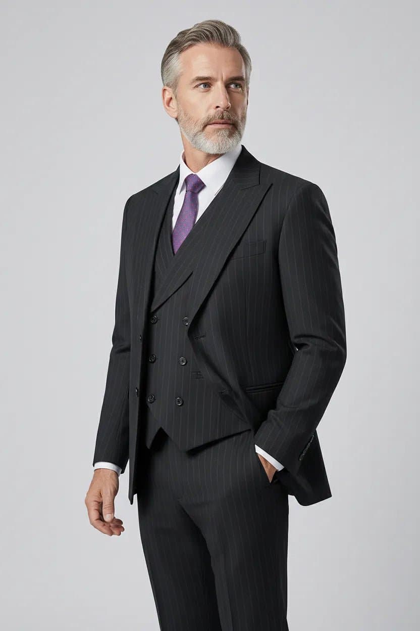 Obsidian Peak Black Pinstripe Double-Breasted Vest 3-Piece Slim Fit Suit Set