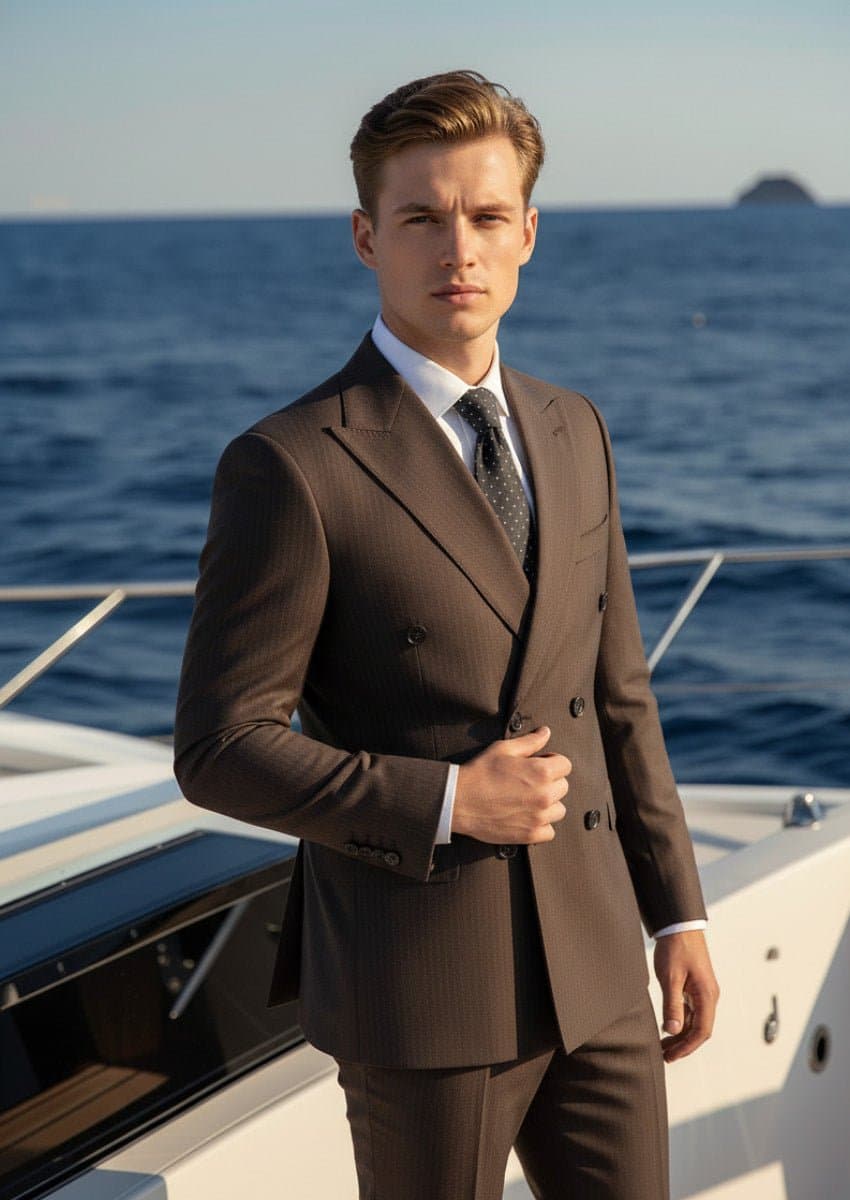 Men’s Brown Double-Breasted Striped Slim Fit Suit 2-Piece Set