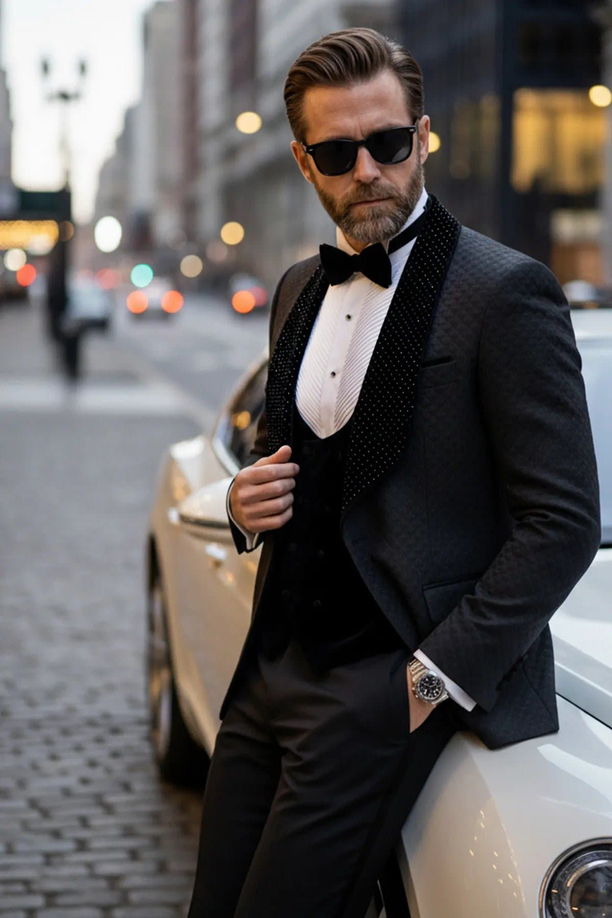 Obsidian Masterpiece Black Jacquard Velvet 3-Piece Slim Fit Tuxedo Set Jacket Vest Trousers