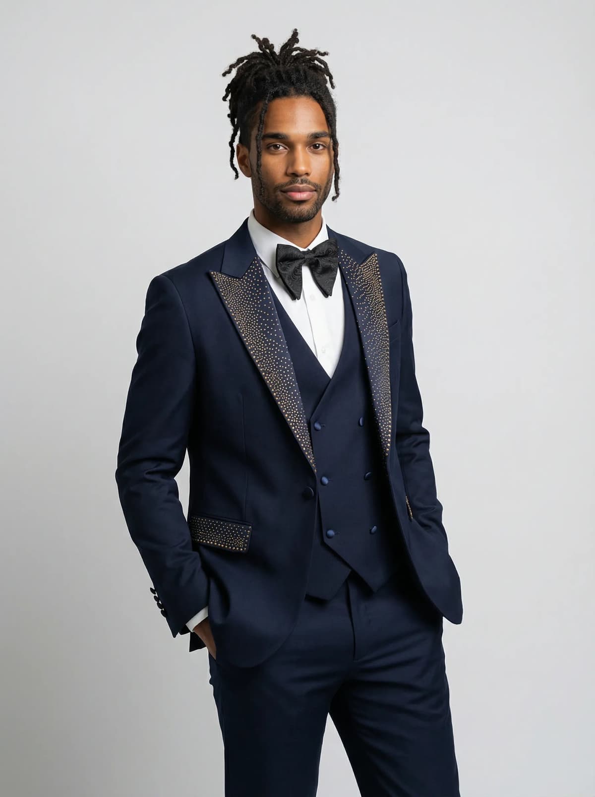 Cobalt Starlight Navy Blue Gold Crystal Peak Lapel 3-Piece Tuxedo Slim Fit