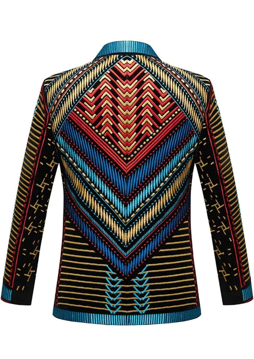 Mayan Sun Multi-Color Tribal Embroidered Velvet Jacket Slim Fit Black