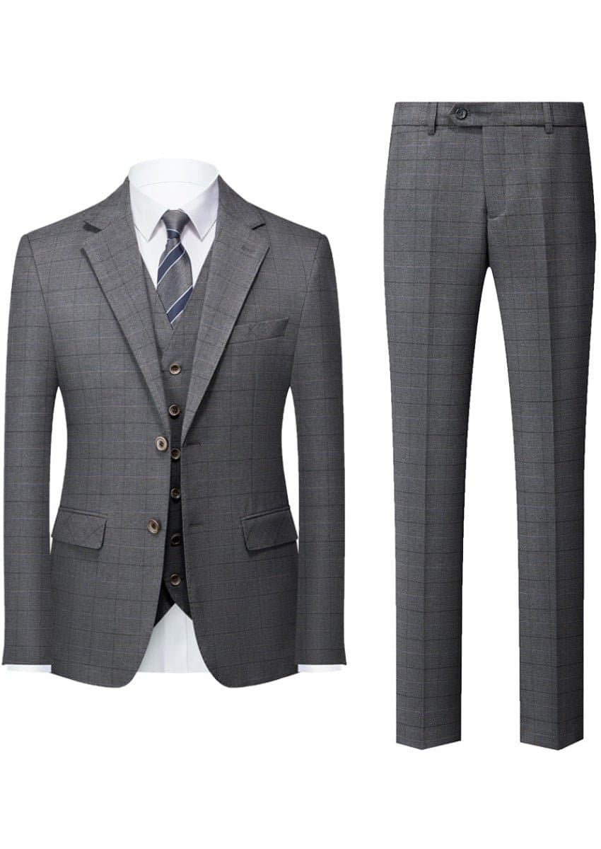 Men’s Gray Windowpane Plaid Slim Fit 3-Piece Suit Single-Breasted Notched Lapel