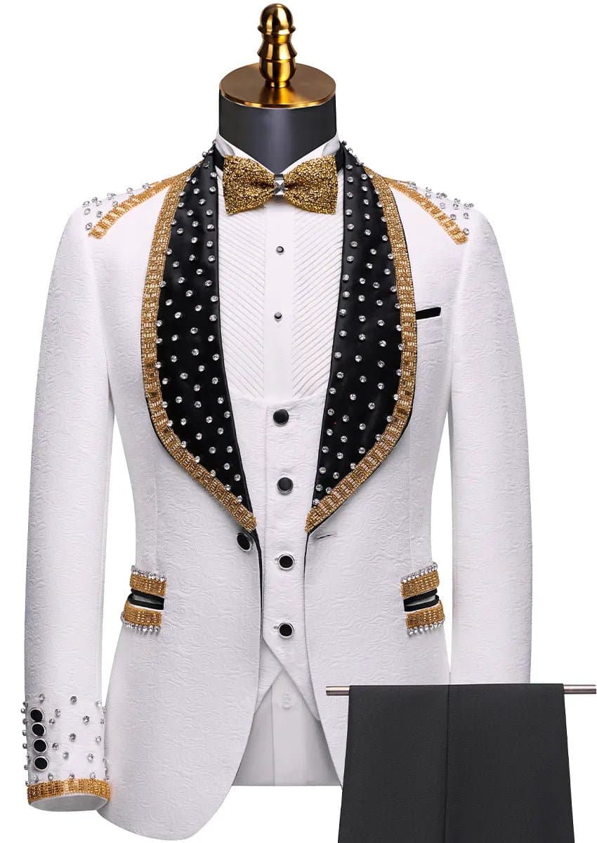 Alabaster Imperial White Rose Jacquard Gold Beaded 3-Piece Tuxedo Slim Fit