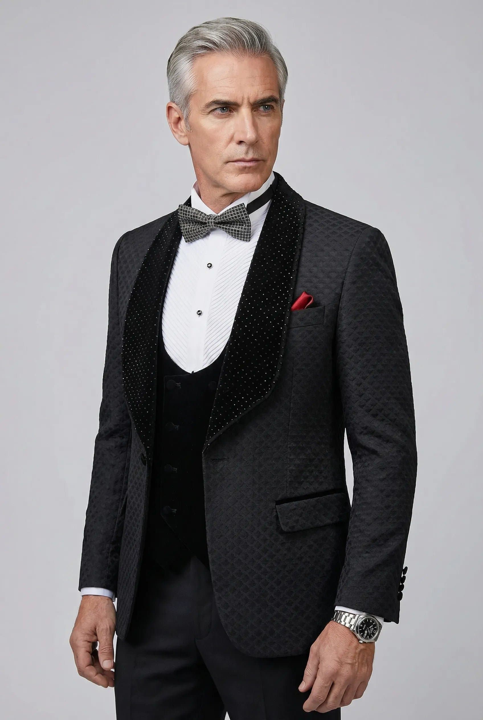 Obsidian Masterpiece Black Jacquard Velvet 3-Piece Slim Fit Tuxedo Set Jacket Vest Trousers