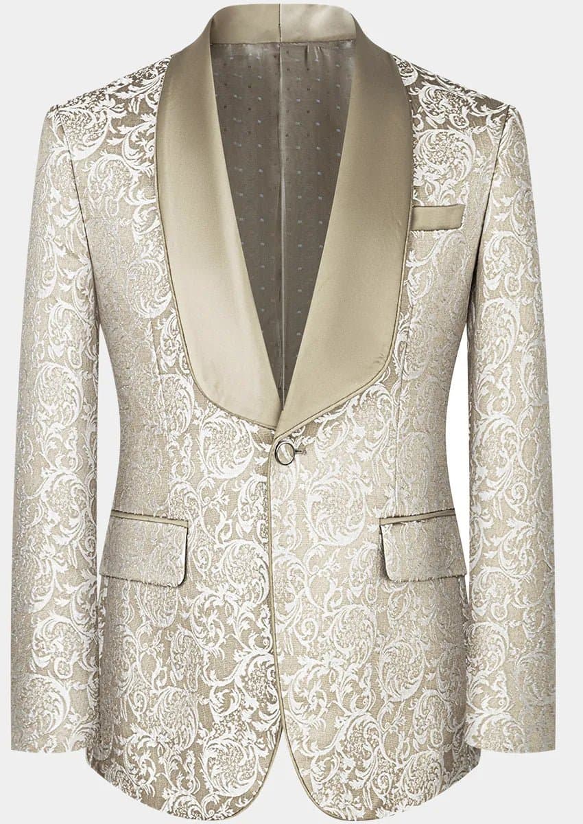 Aureate Empire Champagne Gold Jacquard 3-Piece Tuxedo Slim Fit Jacket Vest Trousers