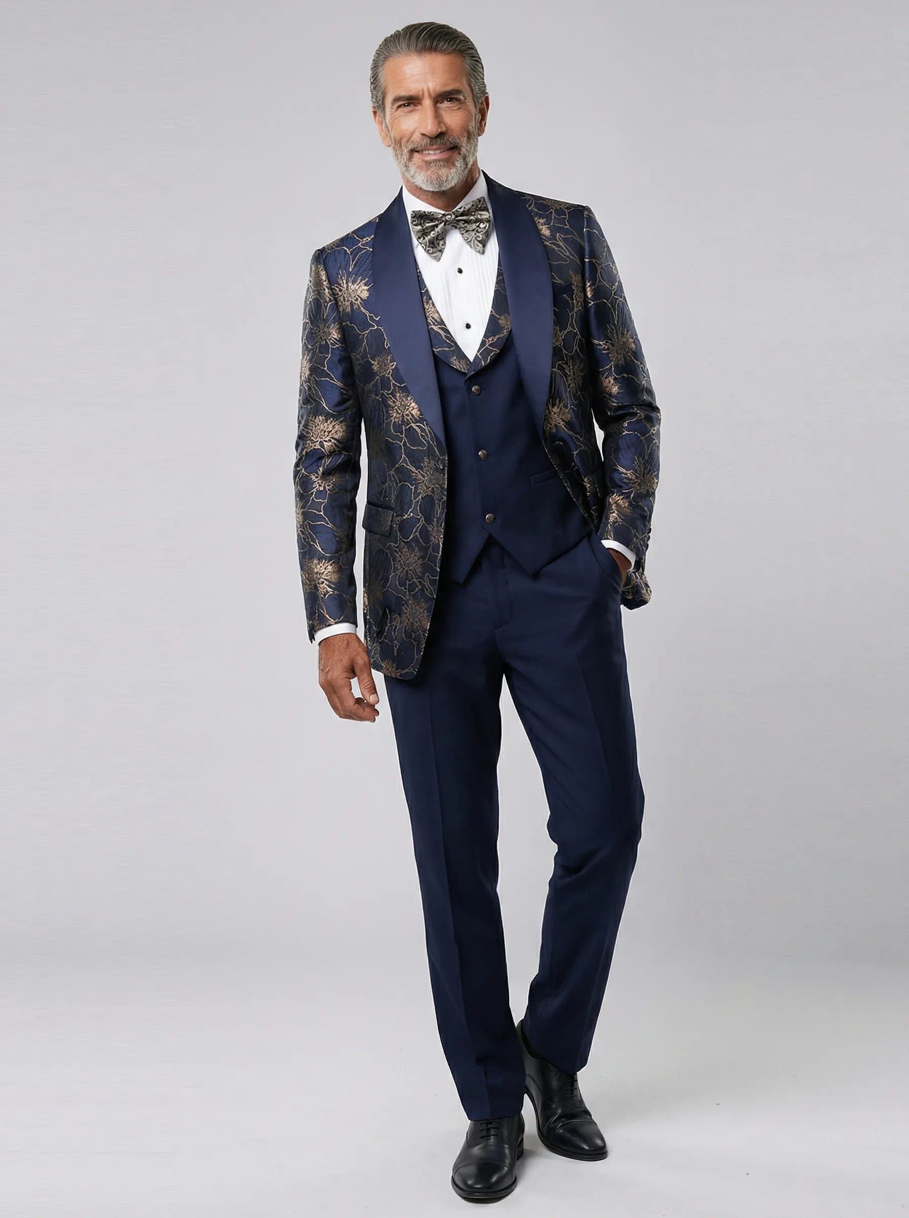 Navy Gold Floral Jacquard Shawl Collar Tuxedo 3-Piece Suit 34R-54R