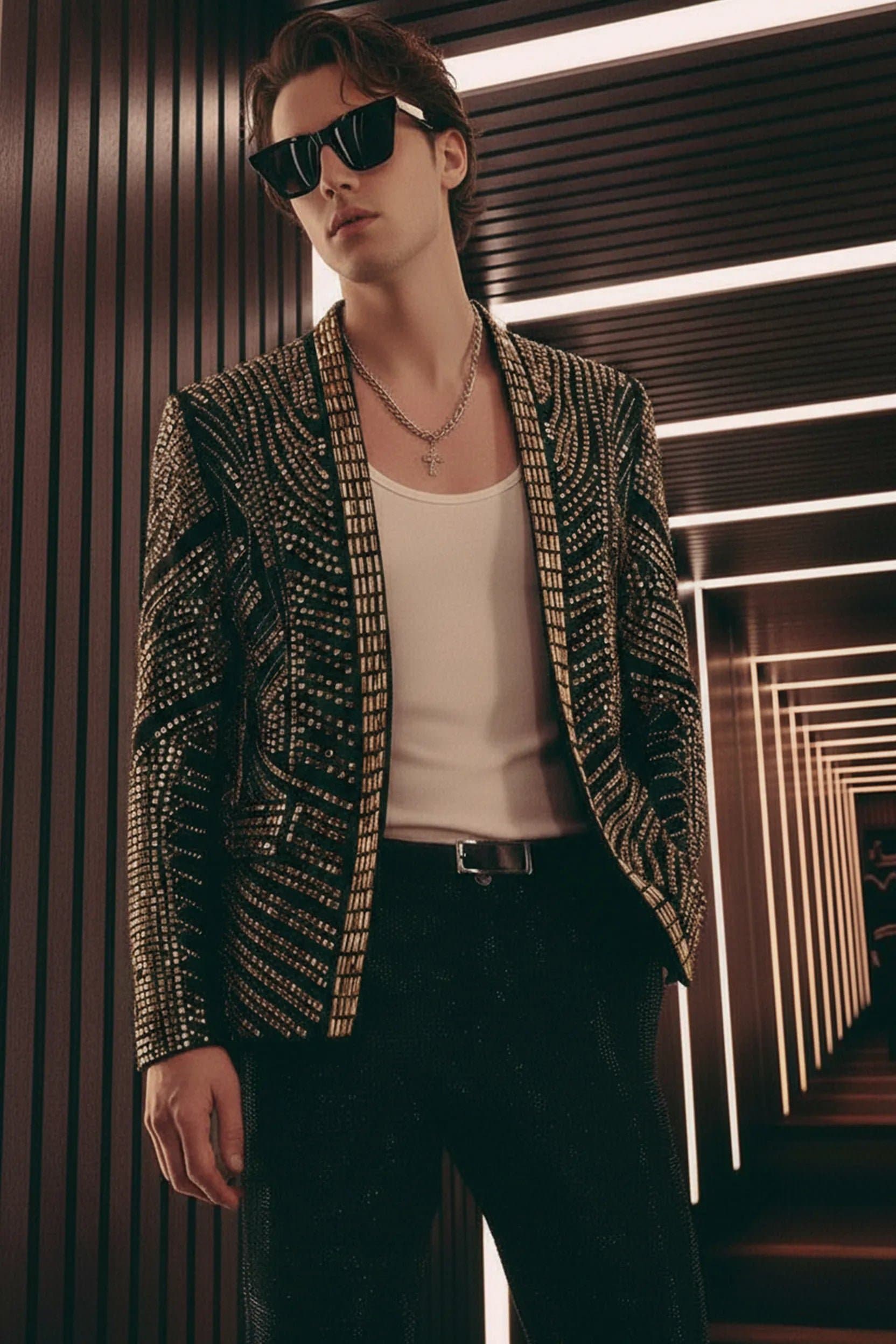 Obsidian & Gold Crystal Dinner Jacket - Gilded Pharaoh Slim Fit Men's Jacket