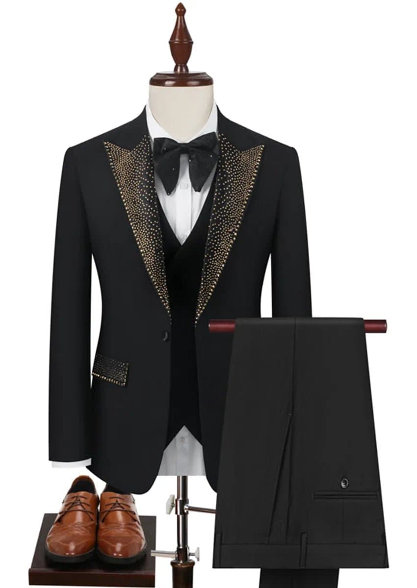Midnight Mosaic Black & Gold Crystal Peak Lapel 3-Piece Slim Fit Tuxedo Set