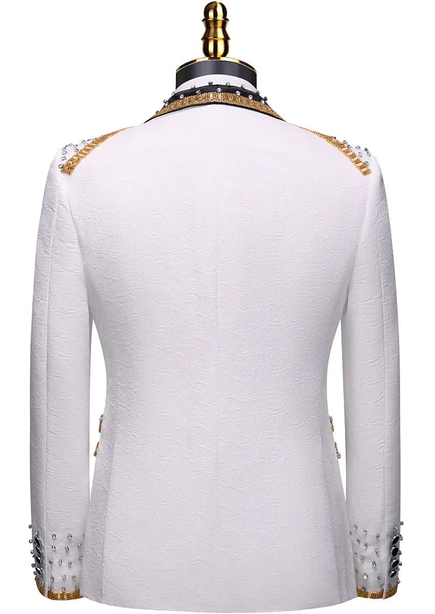 Alabaster Imperial White Rose Jacquard Gold Beaded 3-Piece Tuxedo Slim Fit