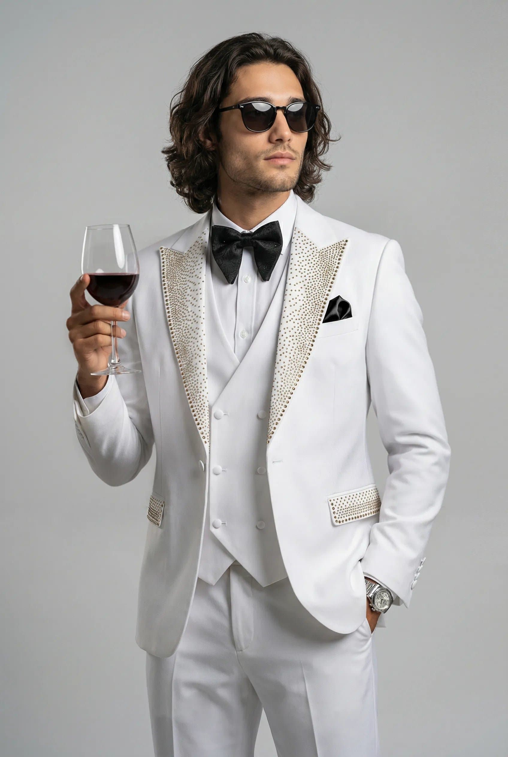 Alabaster Starlight White Crystal-Embellished 3-Piece Tuxedo Set with Black Satin Lapel