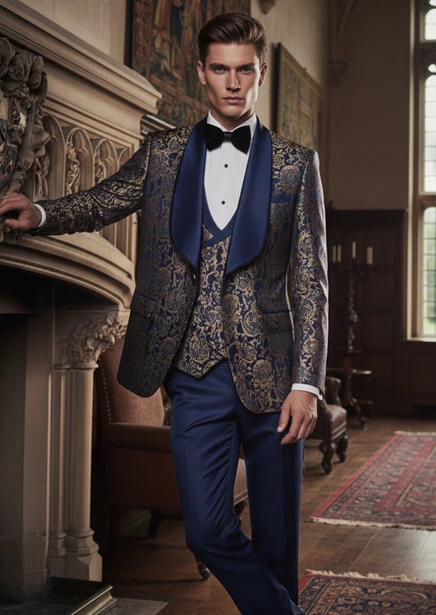 Sapphire Dynasty Navy Gold Jacquard 3-Piece Tuxedo Slim Fit Jacket Vest Trousers