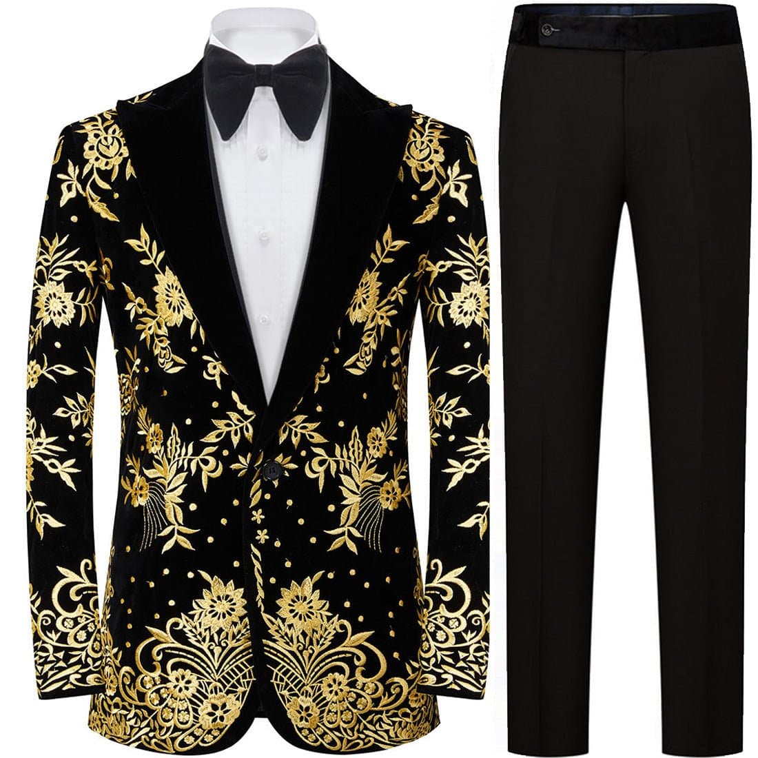 Black Velvet Gold Embroidered Tuxedo Set Jacket and Trousers Slim Fit