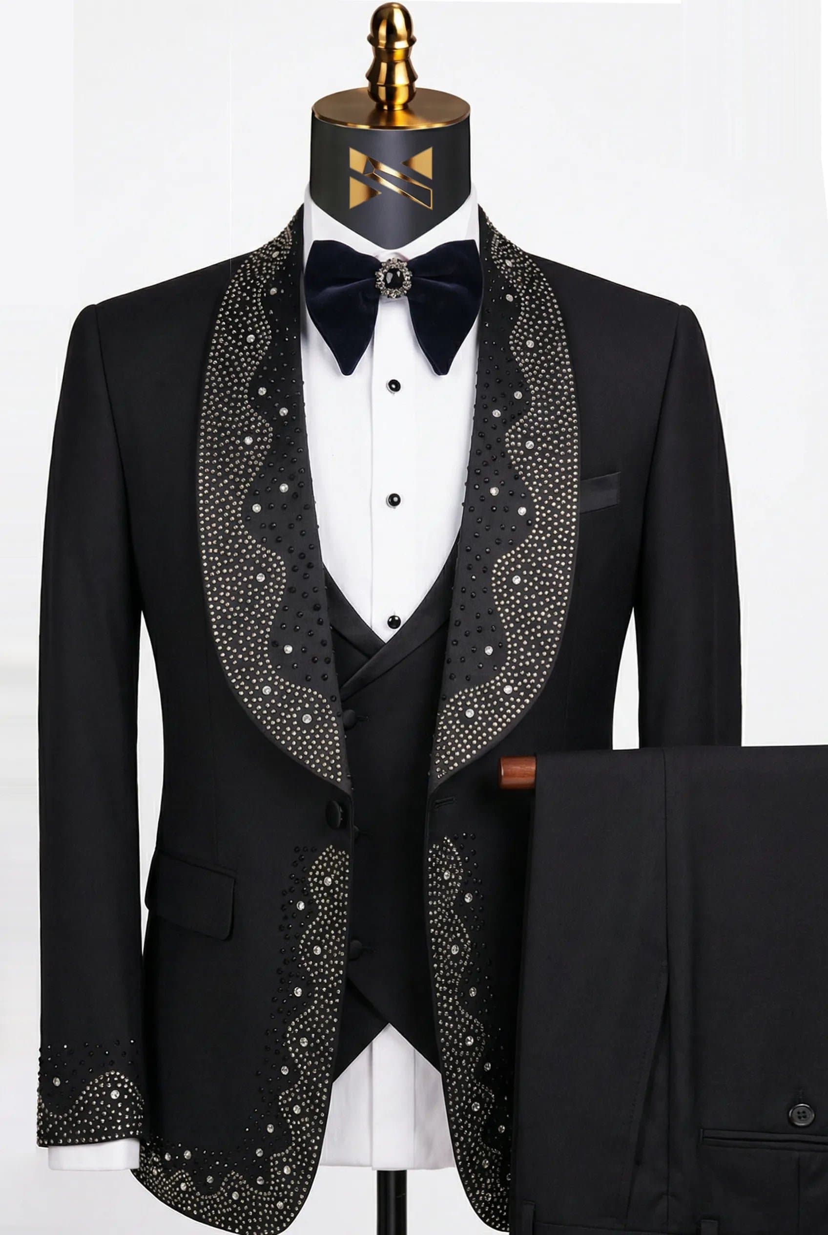 Obsidian Stardust Black Crystal Embellished 3-Piece Tuxedo Set Slim Fit