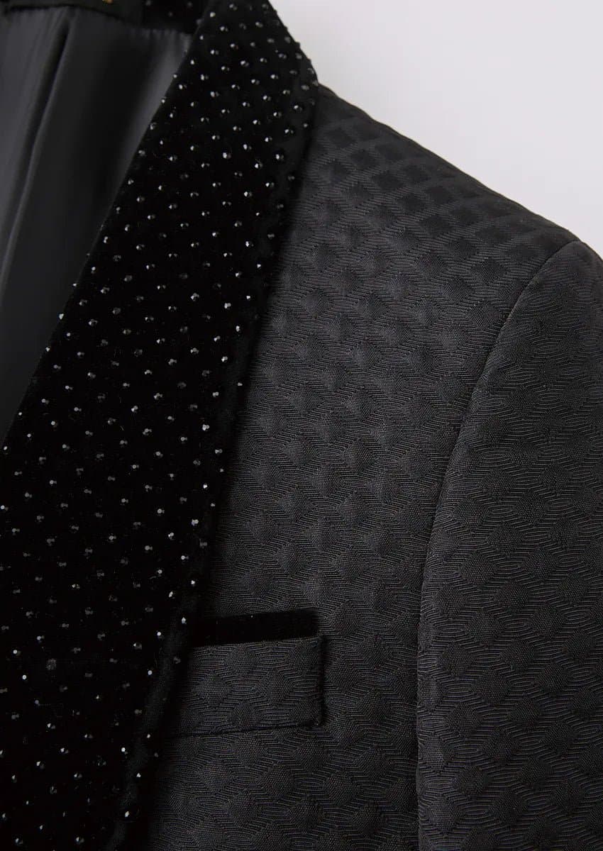 Obsidian Masterpiece Black Jacquard Velvet 3-Piece Slim Fit Tuxedo Set Jacket Vest Trousers