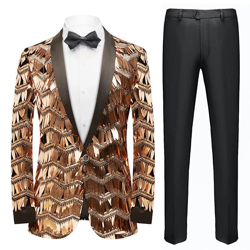 Phoenix Bronze Layered Sequin Tuxedo Set with Black Satin Shawl Lapel Jacket and Trousers