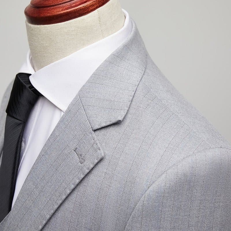 Sterling Pinstripe Light Grey Textured 3-Piece Slim Fit Suit Set - Jacket Vest Trousers