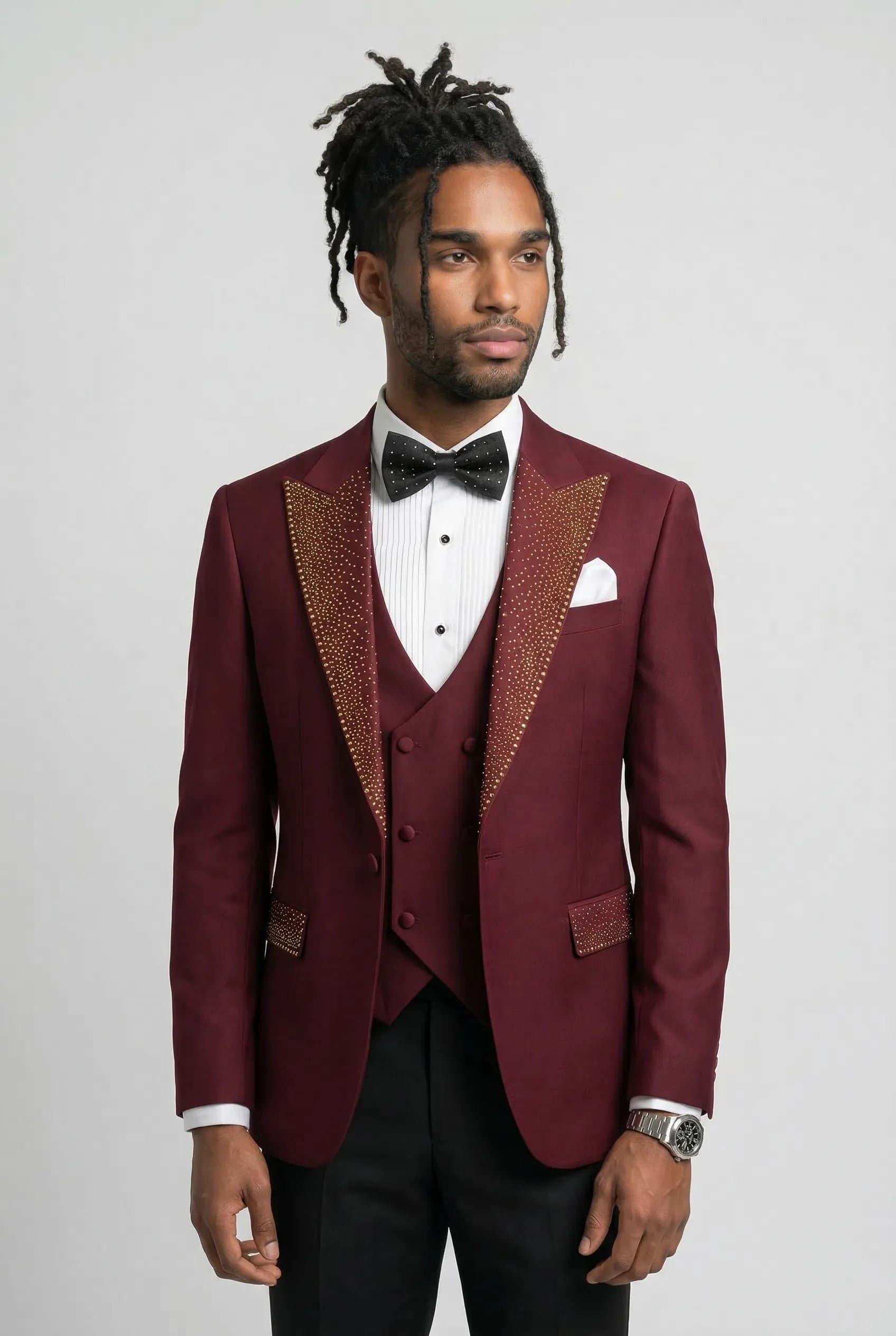 Burgundy Gold Crystal 3-Piece Tuxedo Suit Set - Peak Lapel Jacket Vest Trousers