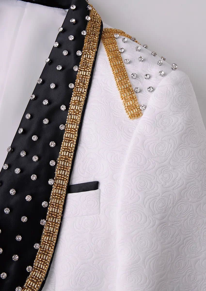 Alabaster Imperial White Rose Jacquard Gold Beaded 3-Piece Tuxedo Slim Fit