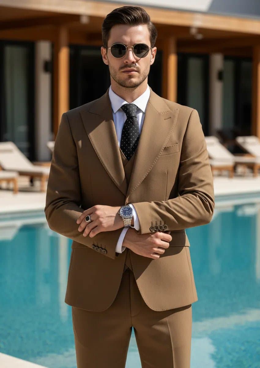 Men's Classic Brown 3-Piece Barge Collar Suit Slim Fit Single-Breasted Peaked Lapel