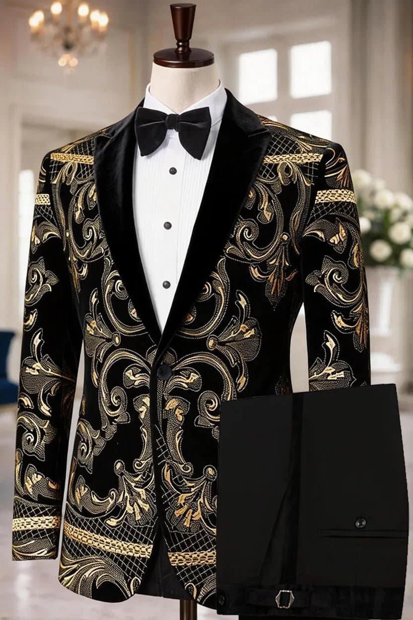Black Velvet Gold Embroidered Tuxedo Jacket and Trousers Set Slim Fit