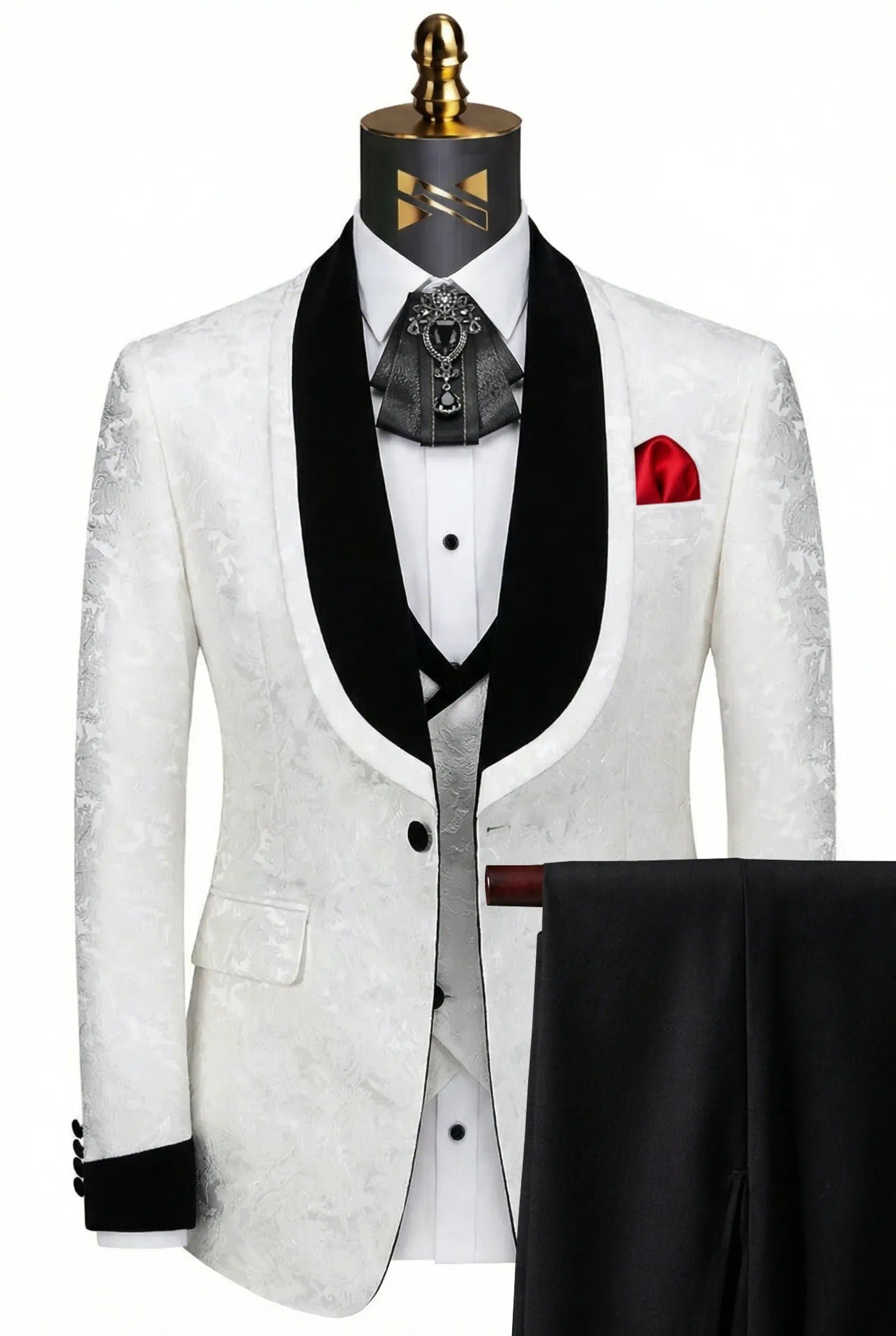 White Floral Jacquard 3-Piece Tuxedo with Black Velvet Shawl Collar - Sizes 34R-42R