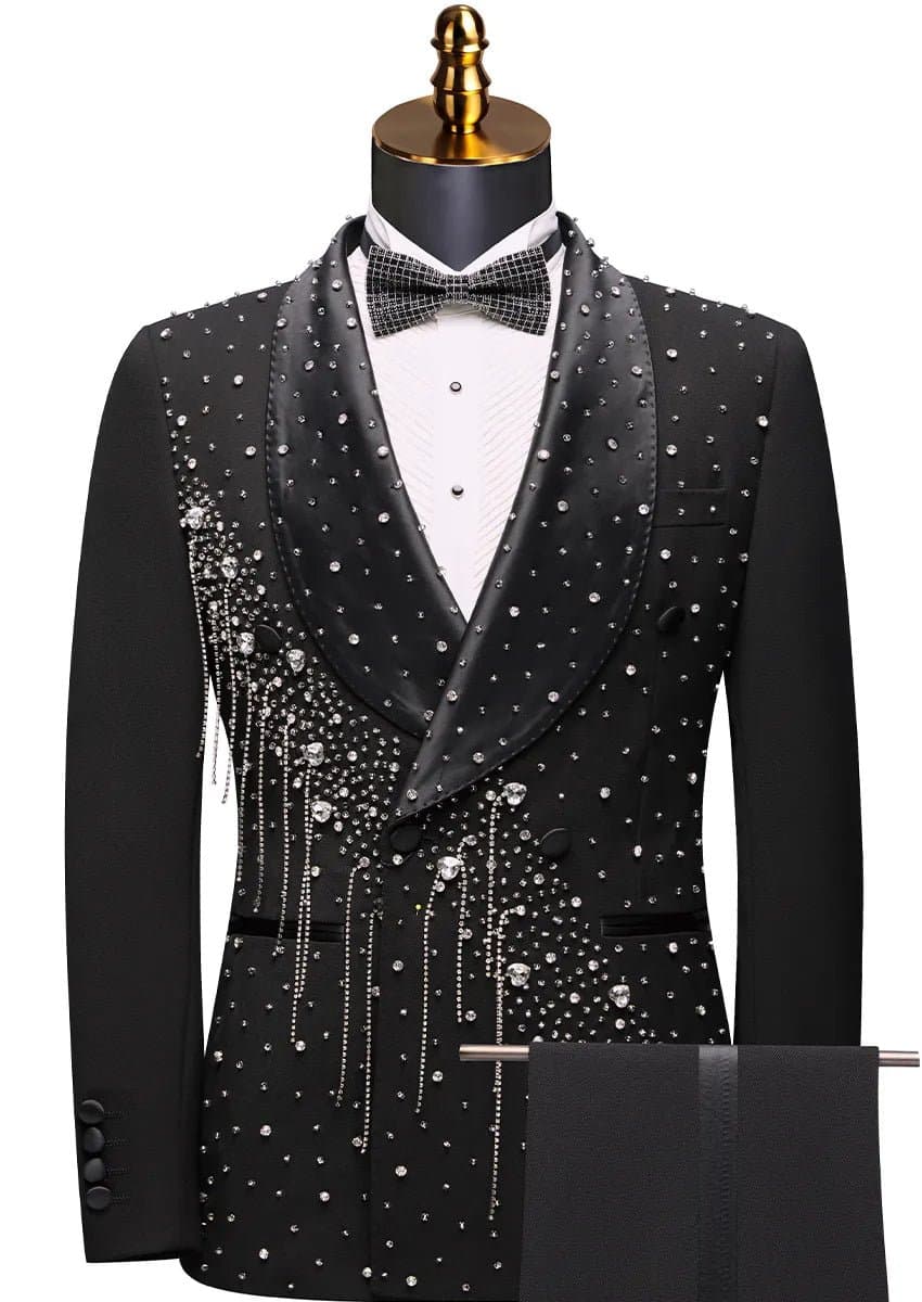 Obsidian Cascade Black Crystal Fringe 2-Piece Tuxedo Set Jacket Trousers Slim Fit