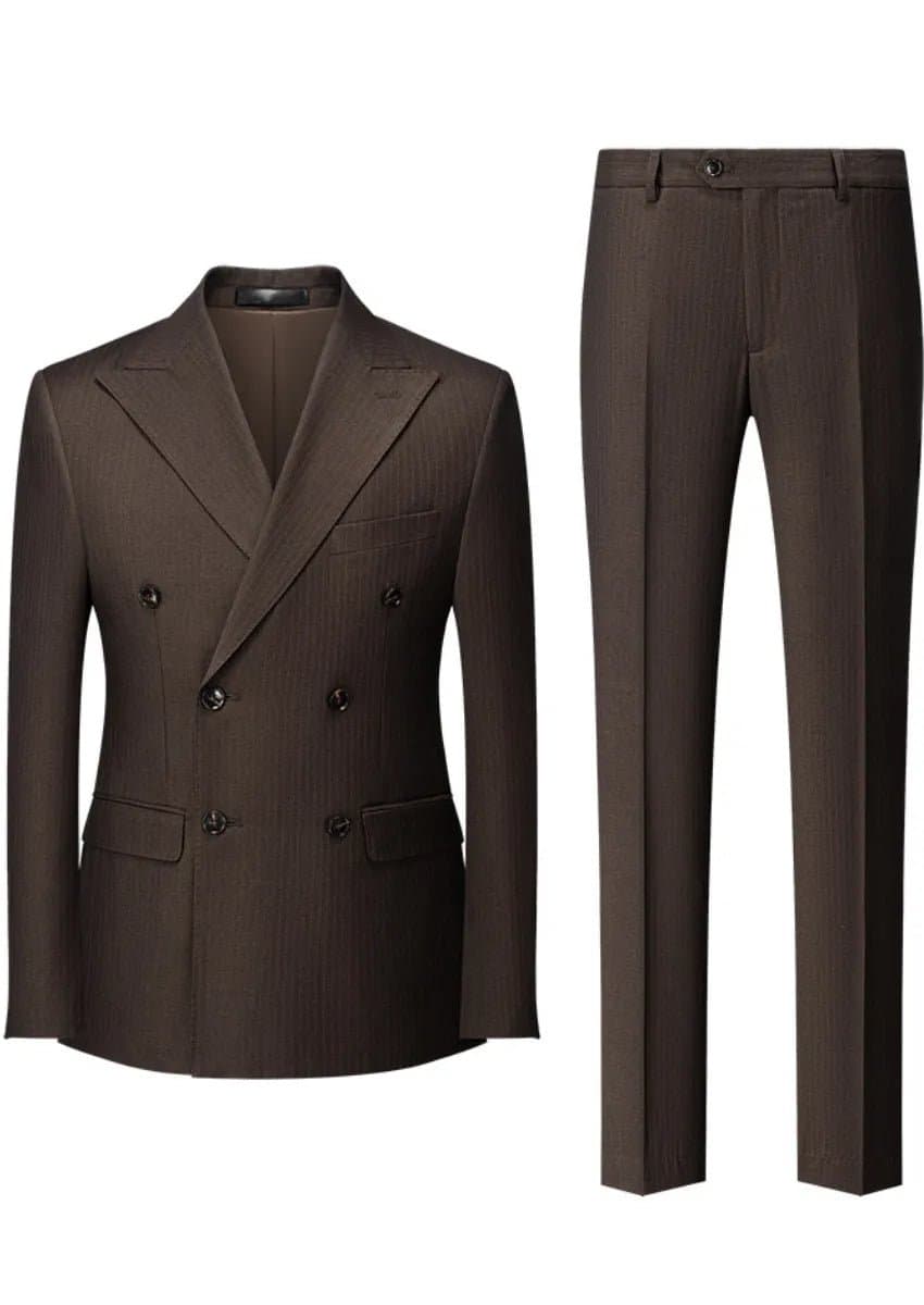 Men’s Brown Double-Breasted Striped Slim Fit Suit 2-Piece Set
